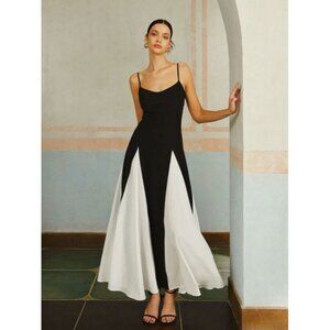 NWT Commense black white colorblock full skirt adjustable strap maxi dress gown